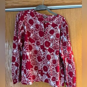 Lilla P Women's Long Sleeve Button Front Red & silver Floral Blouse Size large